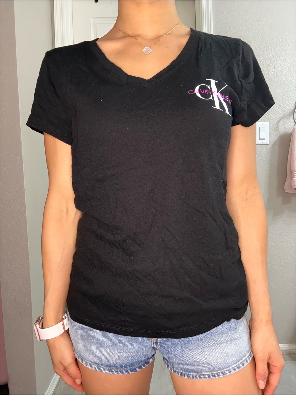 Calvin Klein Black Short Sleeve V-Neck Tee with Pink-Accented Logo